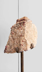 Beautiful red Vanadanite mineral gems in pink stone on a custom designed bronze Stand measuring 206mm